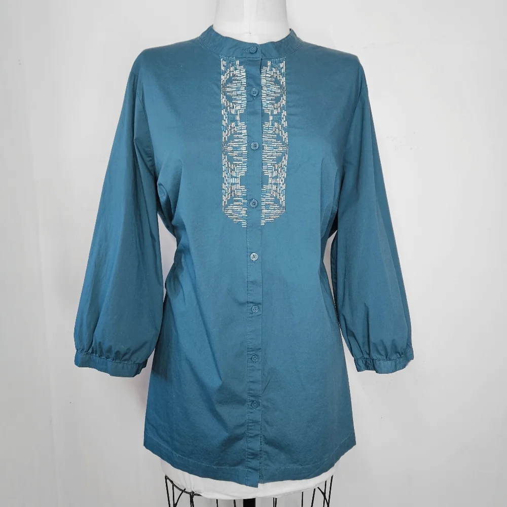 Dana Buchman Sze 2X Shirt Button Down 100% Cotton Beaded Mandarin Teal Turquoise